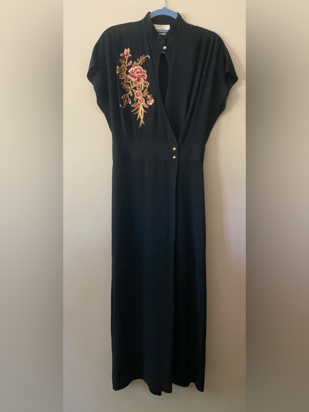 Cache Vintage Black jumpsuit with Pink Floral Embroidery